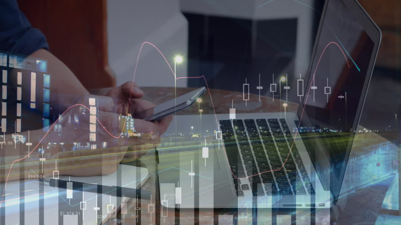 animación de estadísticas y procesamiento de datos sobre un empresario que usa un teléfono inteligente