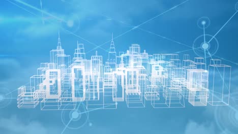 animation of network of connections over 3d cityscape spinning on blue background