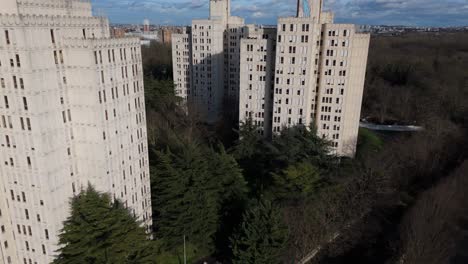 fort d'aubervilliers neighborhood, buildings, suburbs of paris, france. aerial drone lateral view