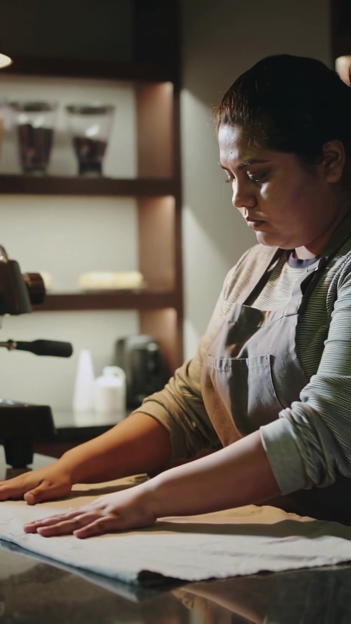 Vídeo vertical: Mulher de avental colocando lata e alisando pano para café no balcão do café, com espaço para texto.