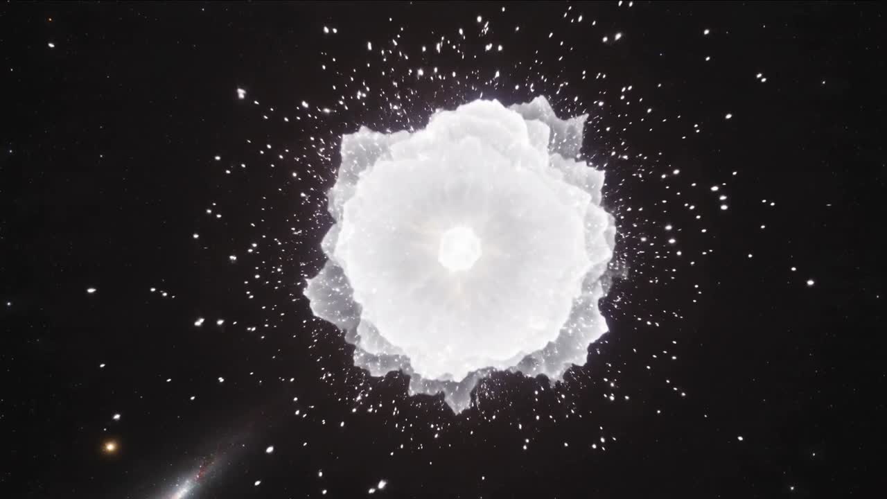 Flashing central star expanding into shell near faint galaxy, releasing energy, ejecting shards