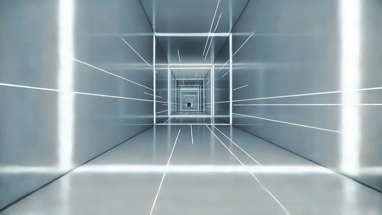 Pushing camera through CGI tunnel, revealing nested illuminated frames and glossy floor reflections