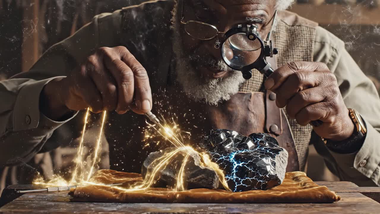 A miner uses a magnifying glass to inspect a mineral