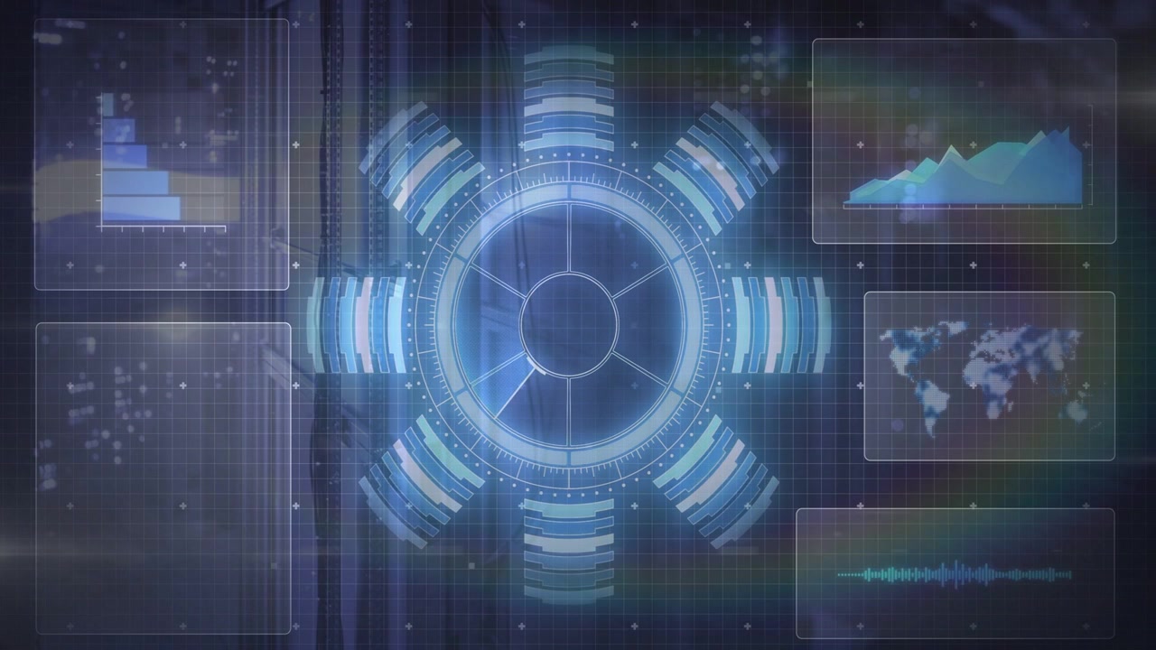 Central HUD receiving data and rotating radial sweep, pulsing rings, updating charts for analytics