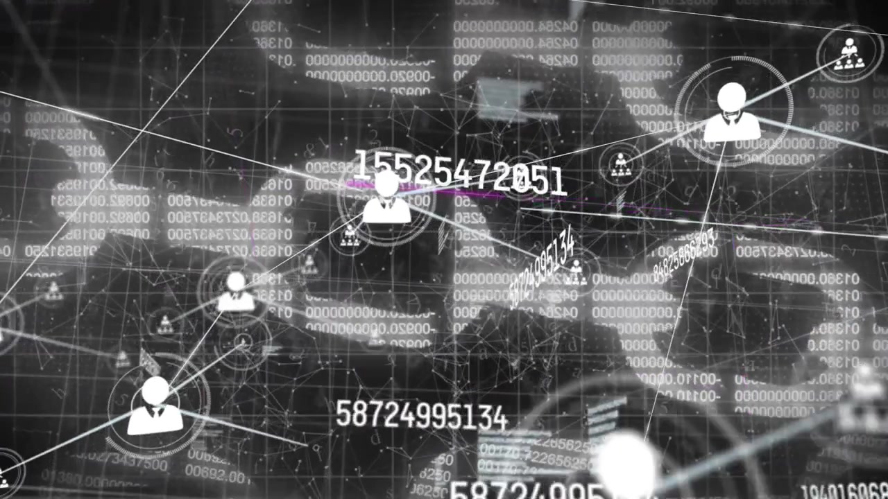 Animation of network of connections with icons over blockchain