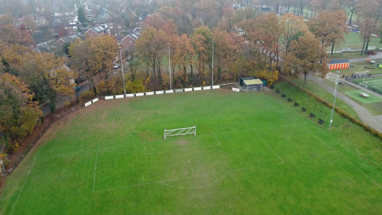 Aerial view of a soccer field in autumn