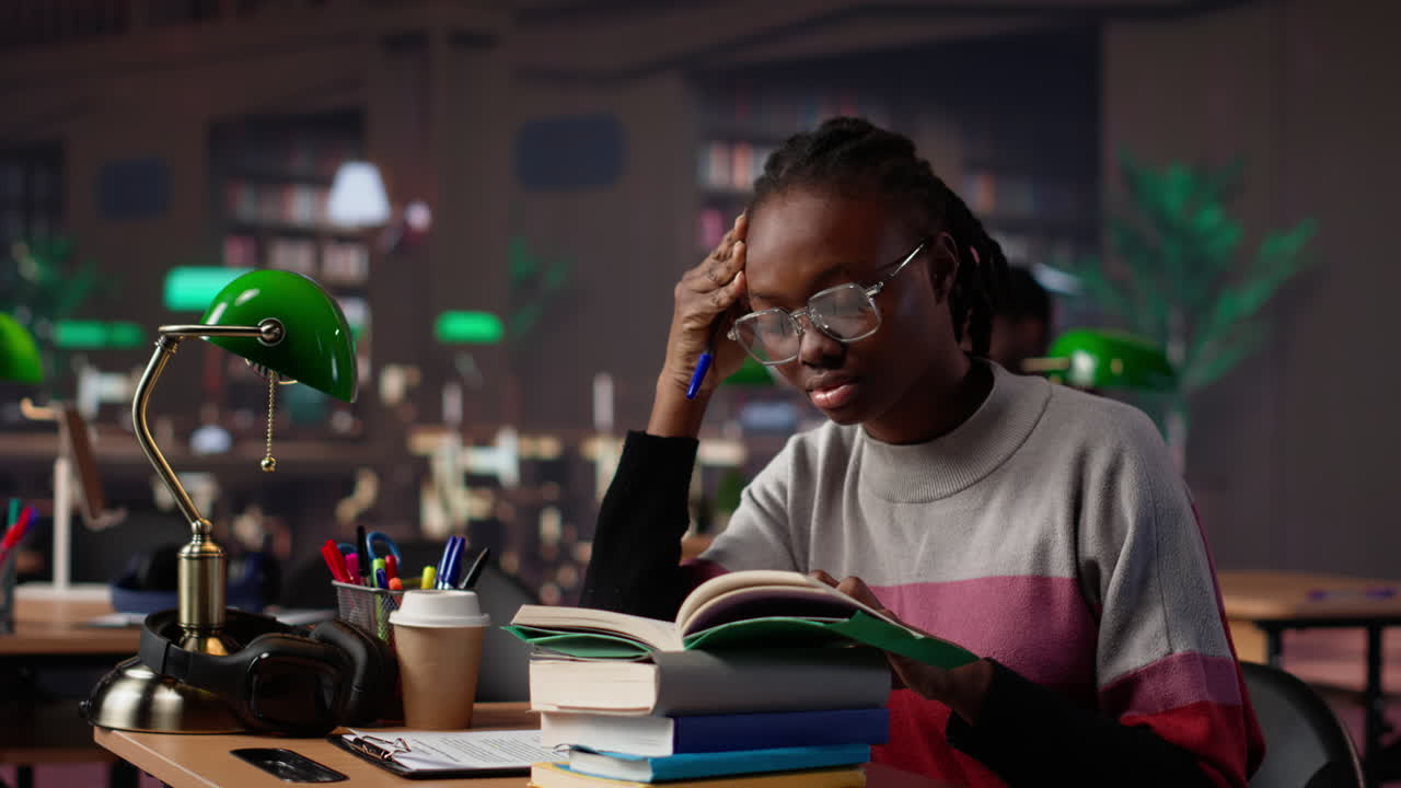 Vertical video exhausted student falling asleep while she reads for periodical exams
