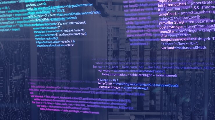 Animation of computer language and circuit board pattern over data server systems