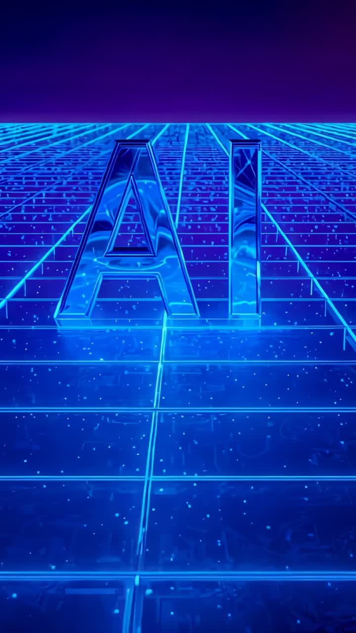 Vertical video: Camera moving, AI letters lighting up on neon grid, floor glowing to show arrival