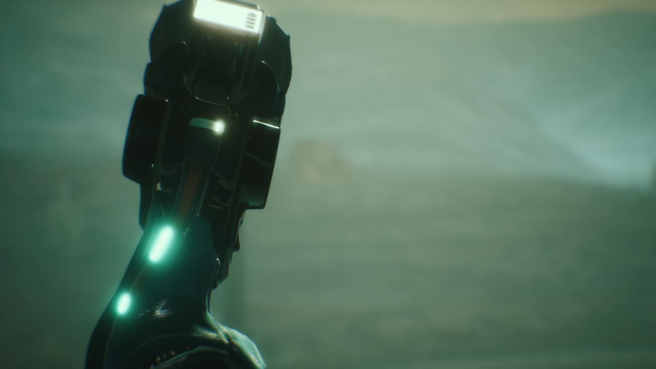 animación de un robot humano mirando un coche que pasa