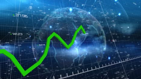 Animation-of-green-line-and-data-processing-over-globe-and-grid