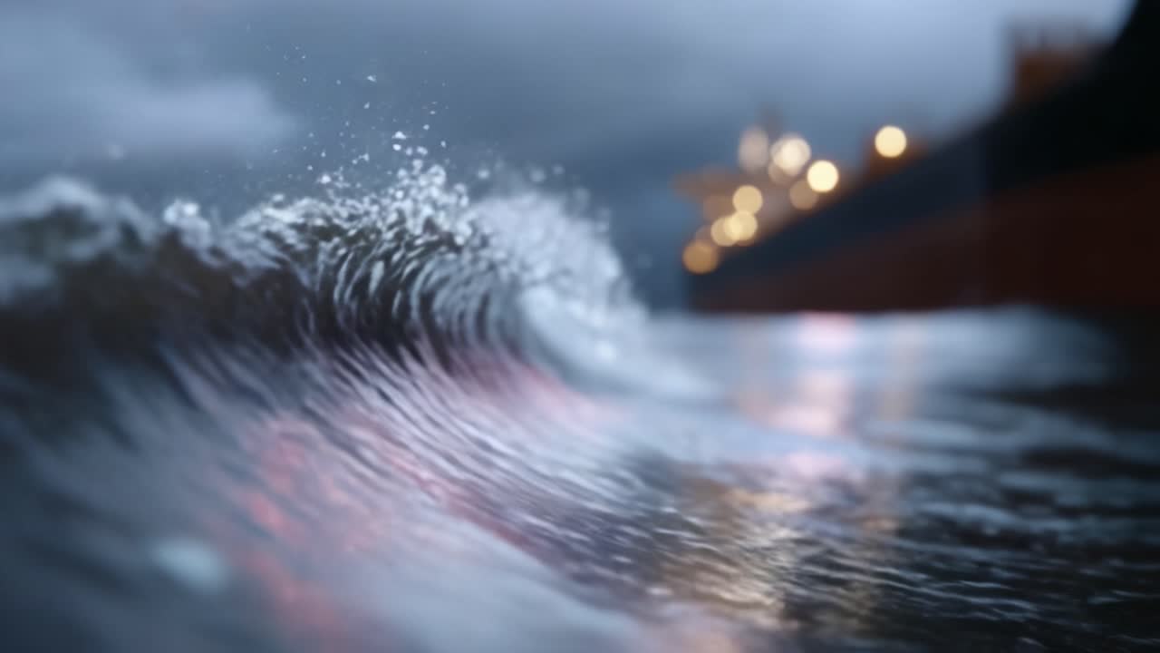 Primo piano di un'onda oceanica che si infrange con goccioline scintillanti. Lo sfondo mostra luci sfocate di navi al crepuscolo. Il movimento delle onde trasmette energia dinamica. L'atmosfera è avventurosa e leggermente malinconica.
