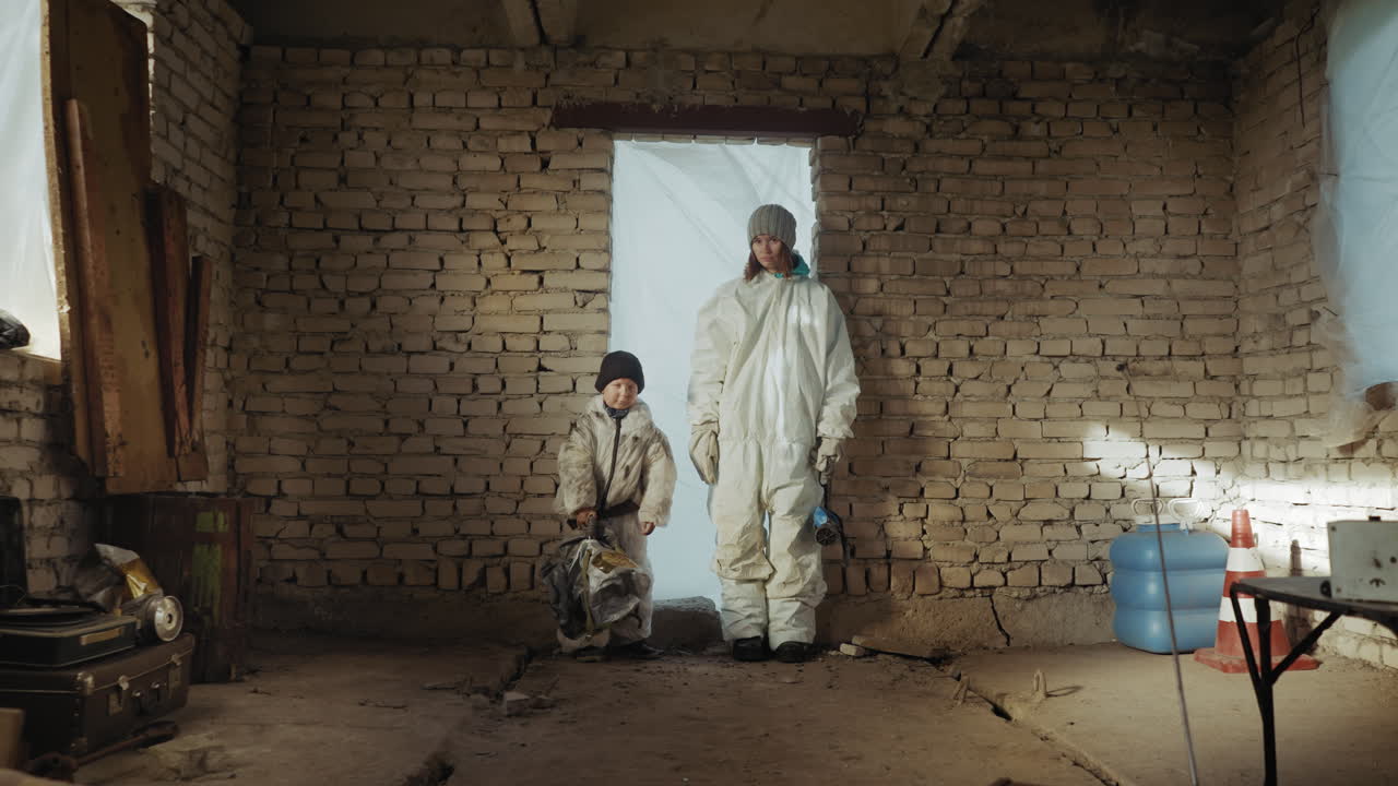 Menino pequeno com uma mulher usando trajes de proteção brancos em um abrigo de tijolos abandonado; a criança segura um objeto enquanto o adulto olha para baixo. Uma luz fria entra pela janela coberta de plástico.