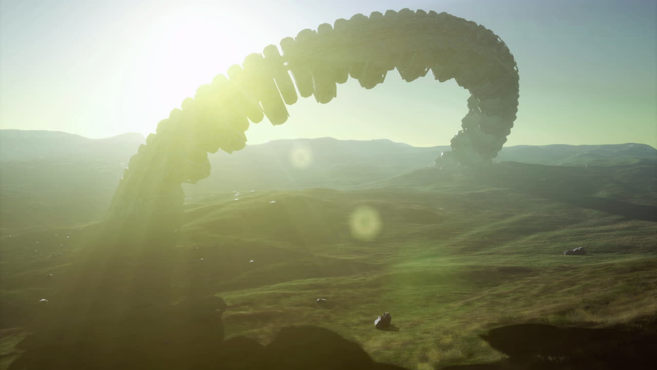 Mysterious alien ship hovers in the serene landscape at dawn