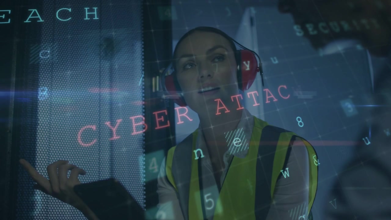 Woman tech starting scan on tablet in rack overlays escalating to CYBER ATTACK pointing responding