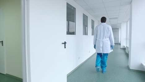 scientist walking lab corridor. back view of doctor walking hospital corridor