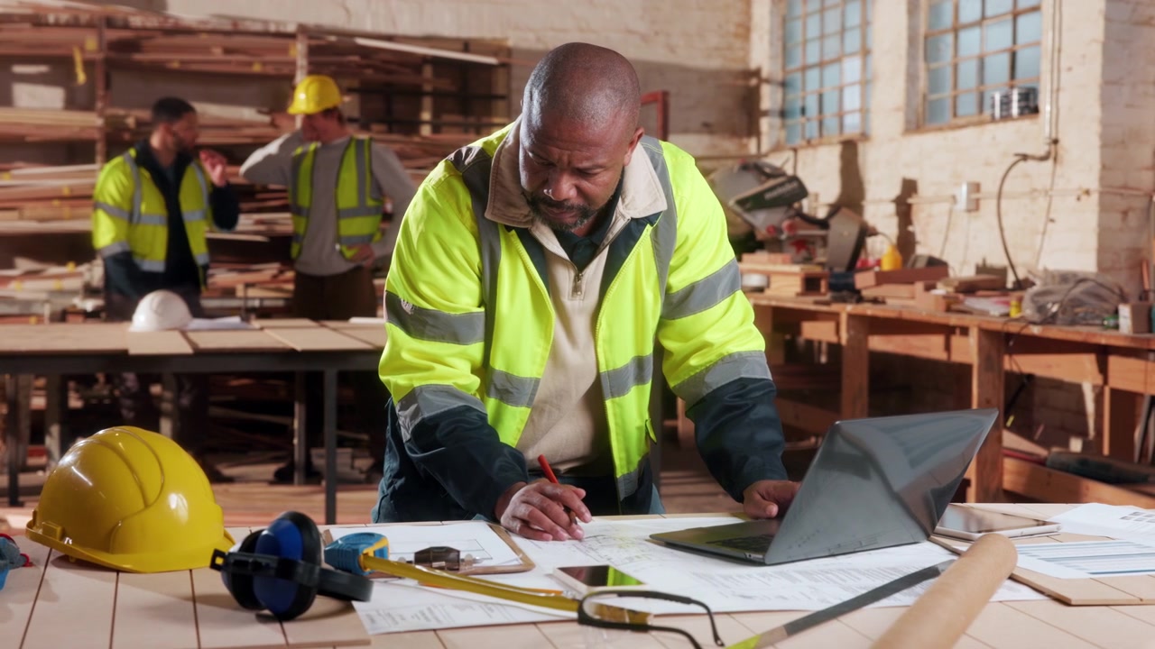 Construction Manager Reviewing Blueprints and Using Laptop in Workshop