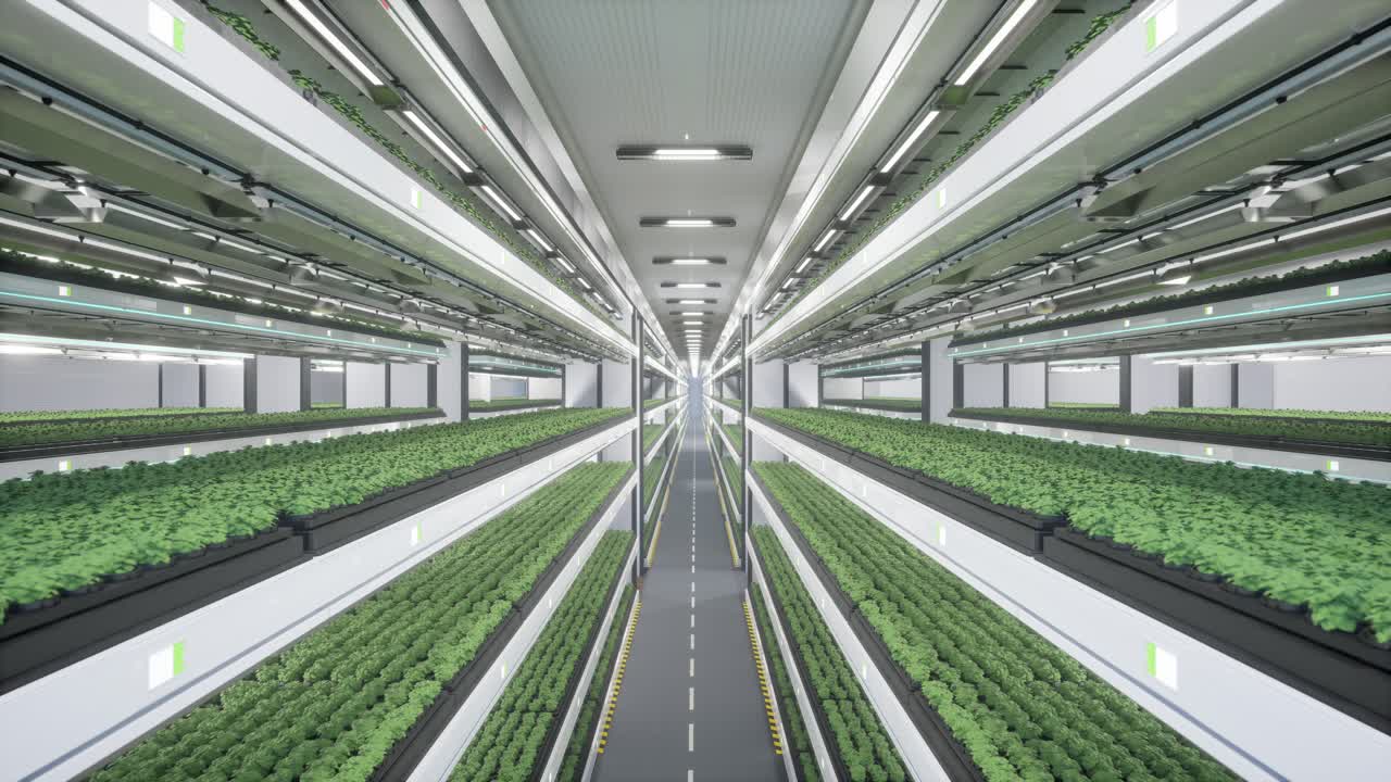 Fattoria verticale moderna con piante idroponiche e illuminazione a LED