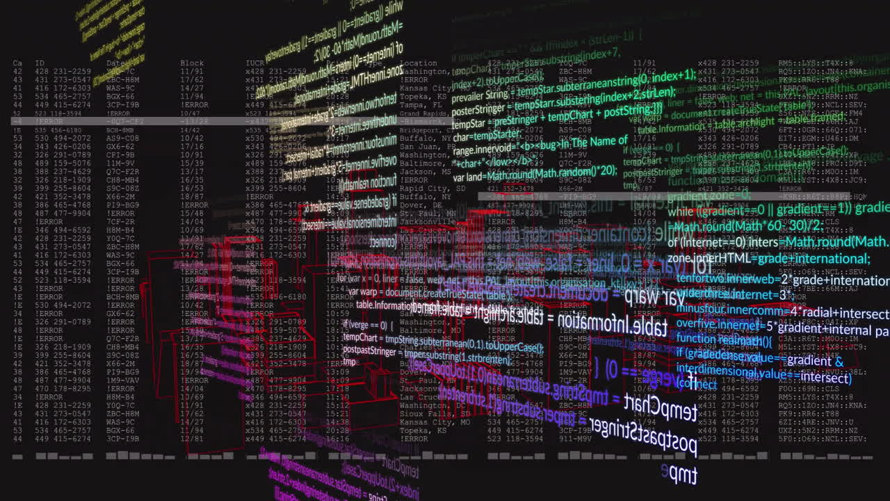 Colorful lines of code and data processing animation on black background