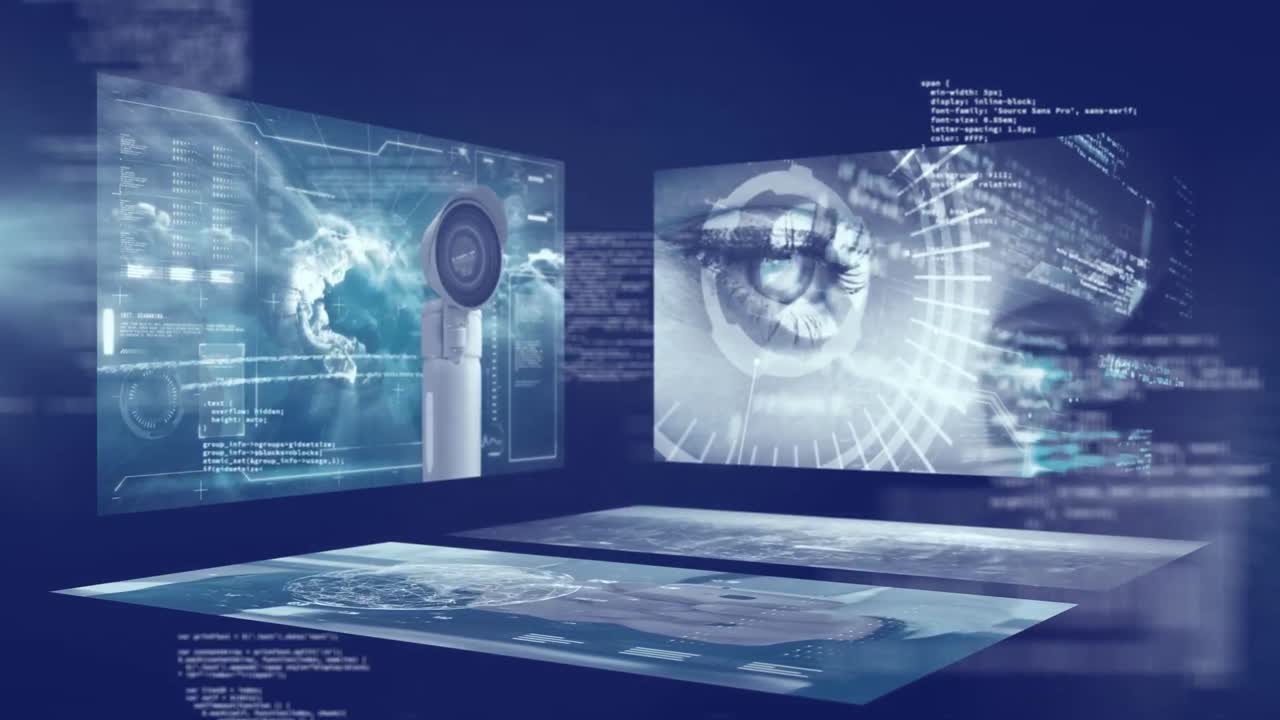 animación del procesamiento de datos diversos en pantallas digitales en el espacio digital de la marina