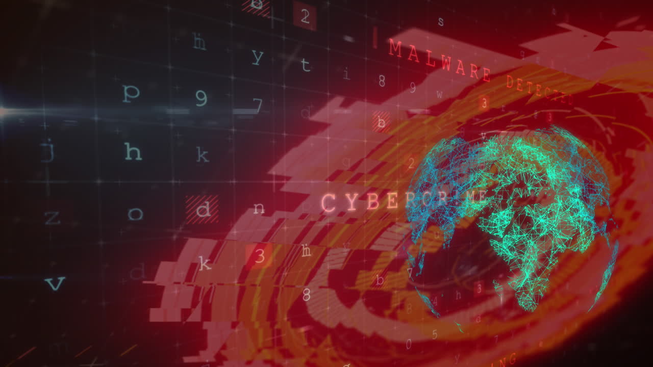Animation of scope scanning, globe spinning and cyber attack warning text over grid in background