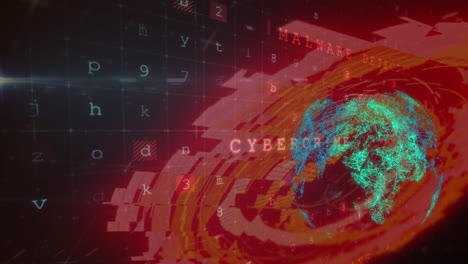 animación del escaneo del alcance, el giro del globo y el texto de advertencia de ataque cibernético sobre la cuadrícula en segundo plano