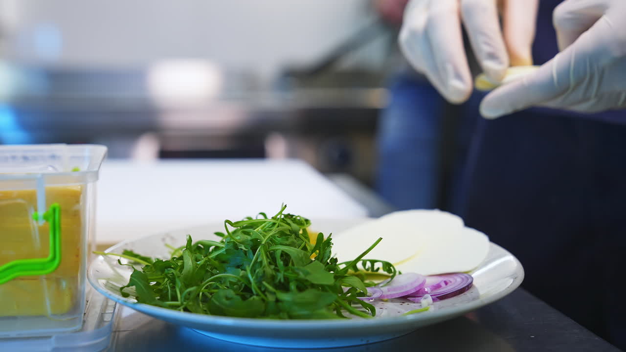 Arugula, cheese and onion on plate. Ingredients for tasty salad. Closeup.