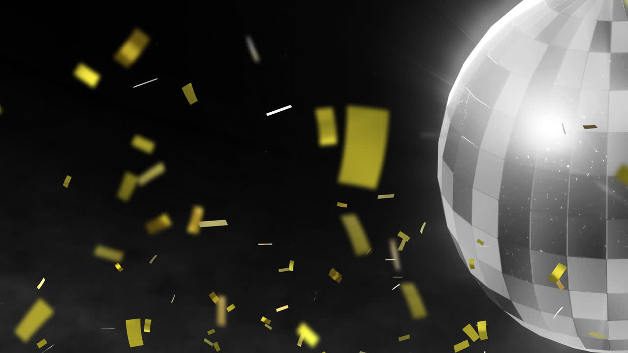 Golden confetti falling animation over rotating disco ball, creating festive atmosphere