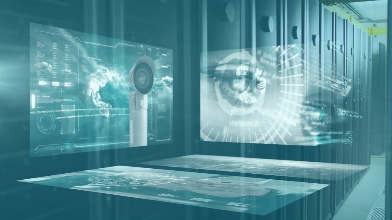 스크린과 컴퓨터 서버를 통해 데이터 처리의 애니메이션