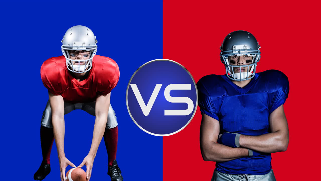Animation of vs text over american football players from two teams on red and blue backgrounds