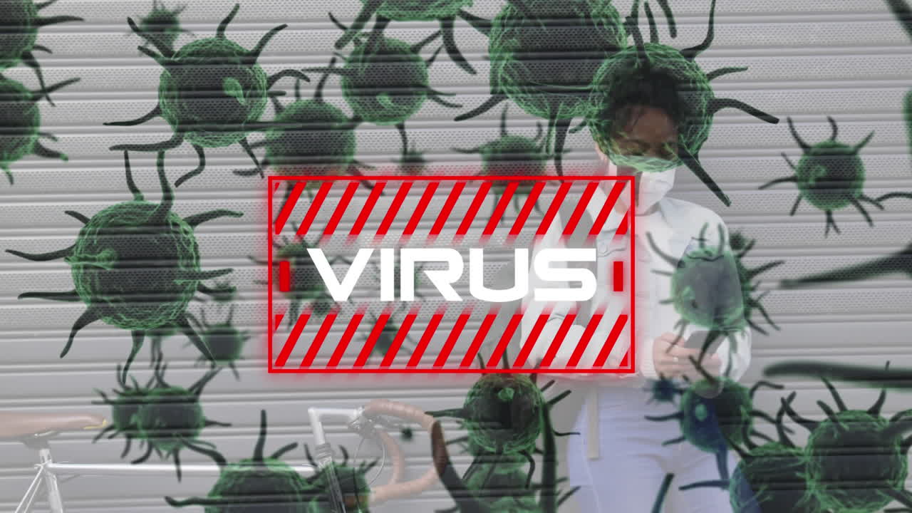 animación de la palabra virus sobre una mujer con una máscara