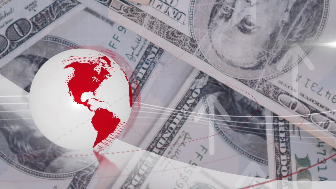 animación del globo con iconos sobre un hombre de negocios caucásico usando una computadora portátil