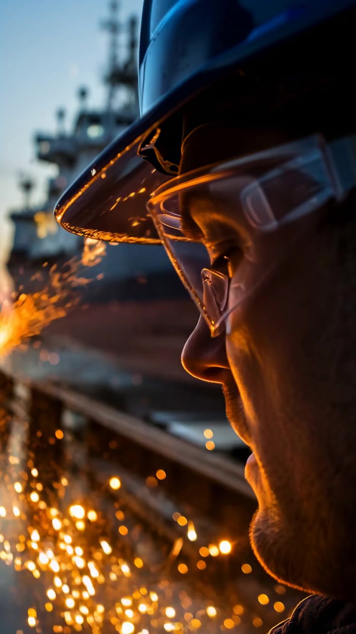 Industrial worker wearing hard hat and clear safety goggles stands on ship deck at dusk while bright orange sparks and molten fragments arc across foreground, lighting metal surfaces and emphasizing