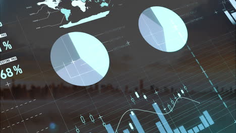 animation of infographic interface over modern cityscape against cloudy sky