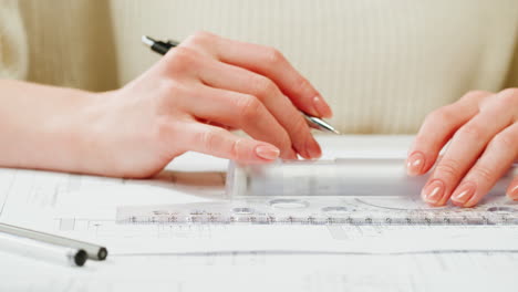 person drawing technical plans with ruler and pen