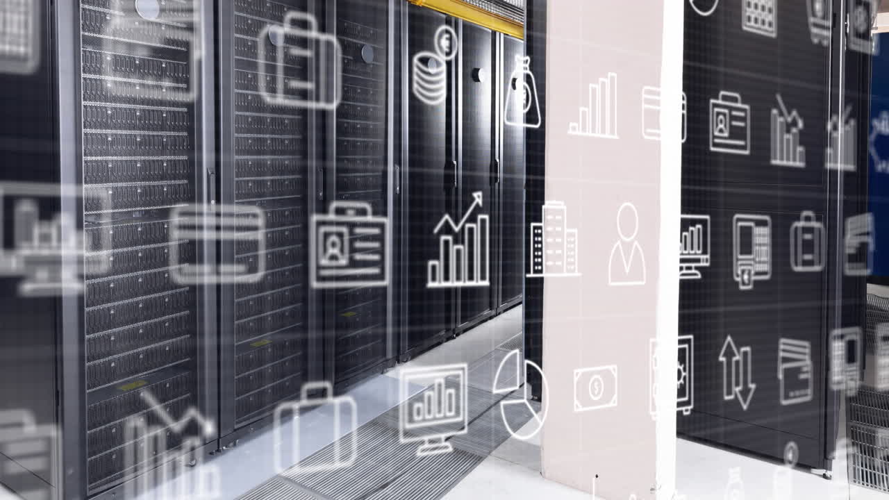 animación de múltiples iconos digitales contra la sala del servidor de la computadora.