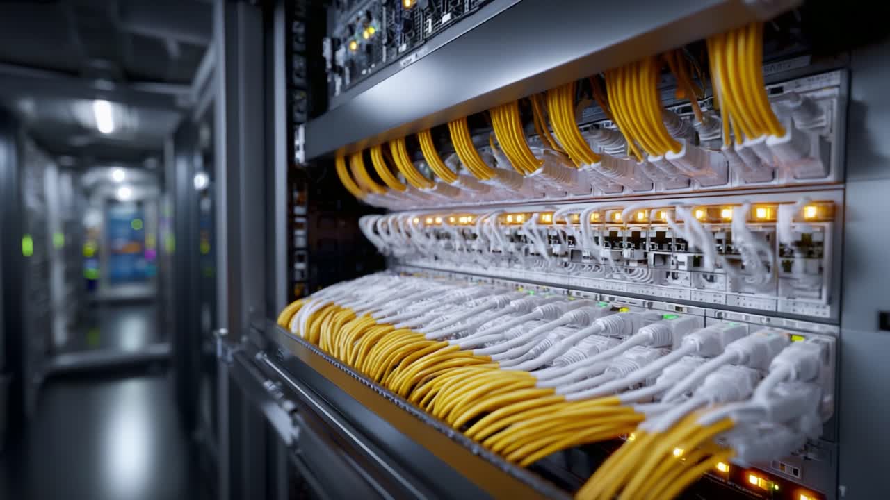 A Detailed View of a Server Rack with Network Cables Organized Neatly, Showcasing the Infrastructure of Modern Data Communication Technology