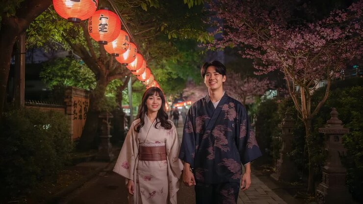 Coppia che passeggia in kimono tenendosi per mano su un sentiero illuminato da lanterne, con lanterne rosse e fiori di ciliegio