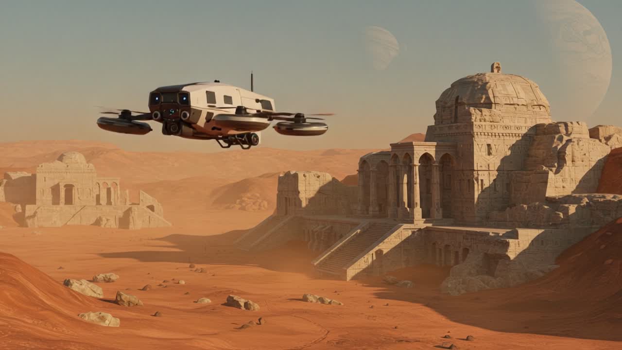 A Futuristic Drone Navigates Ancient Ruins on a Desert Planet, Showcasing Intricate Architecture and a Breathtaking Cosmic Background with Multiple Planets