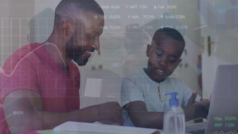animation of graphs and trading board over african american father and son studying over laptop