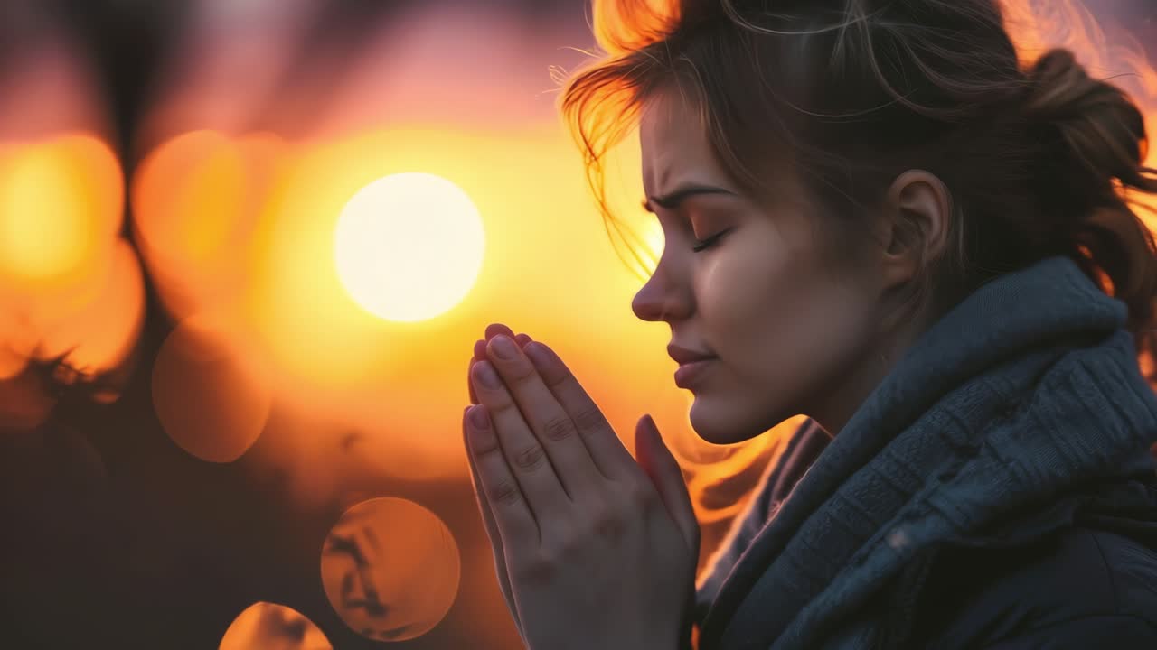 Young woman with closed eyes is joining her hands in prayer, silhouetted against a beautiful sunset, creating a serene and spiritual atmosphere
