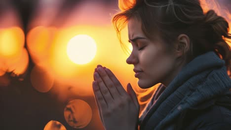 young woman with closed eyes is joining her hands in prayer, silhouetted against a beautiful sunset, creating a serene and spiritual atmosphere