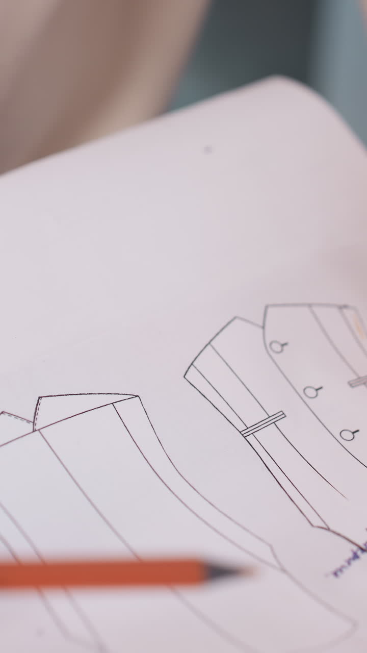 white hands studying pattern pieces, closeup of multiple paper templates and dotted cut lines, pencil resting on table, planning alterations and seam alignments, quiet creative focus