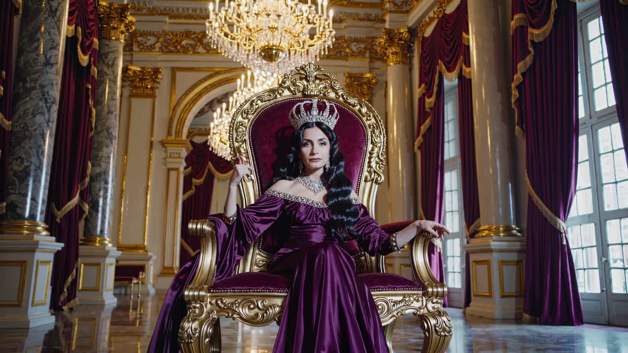 Wanita anggun bermahkota dan gaun ungu duduk di singgasana emas di istana mewah