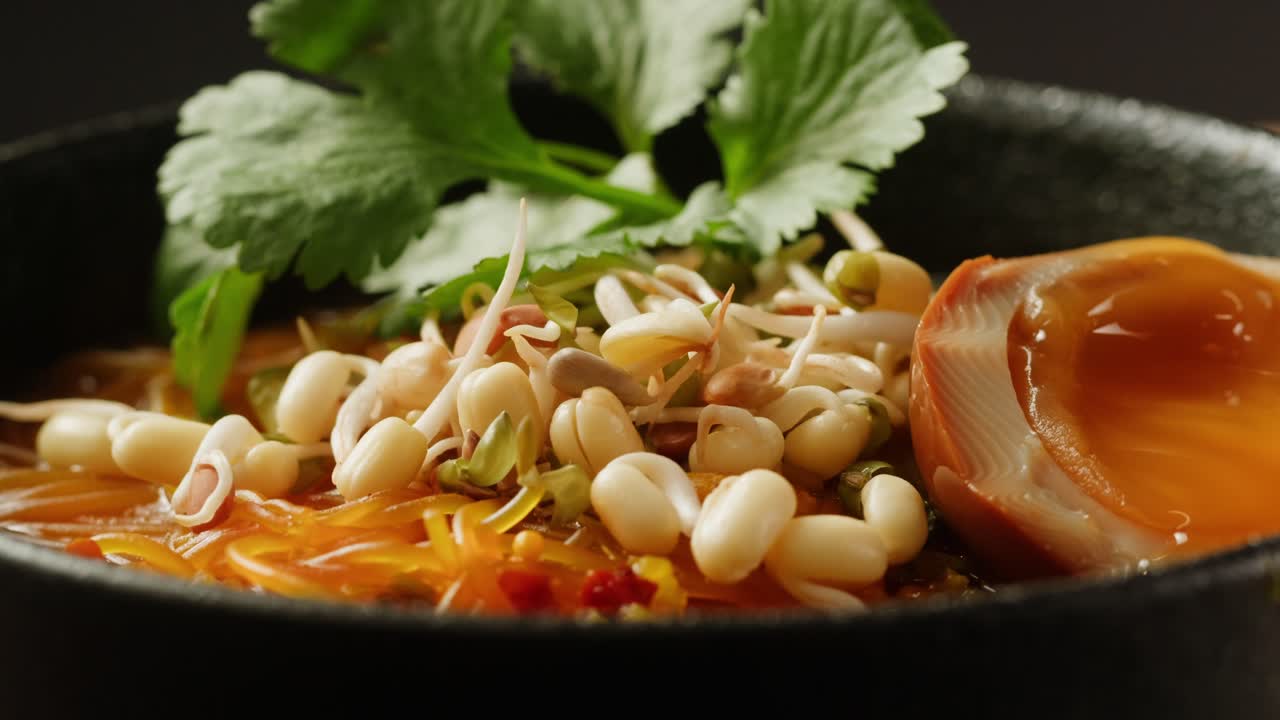 Close-up of a bowl of delicious noodle soup