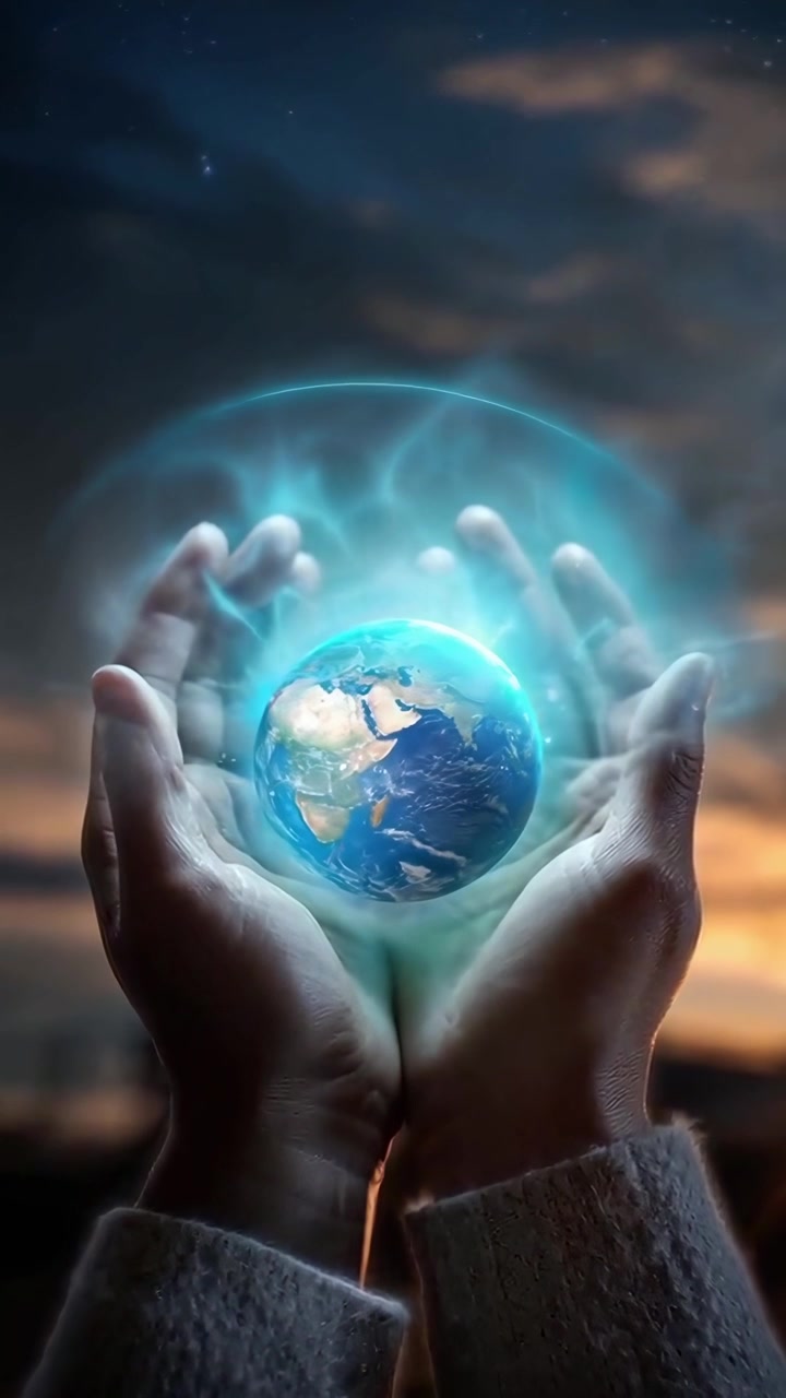 Mãos segurando um globo terrestre brilhante em um cenário cinematográfico