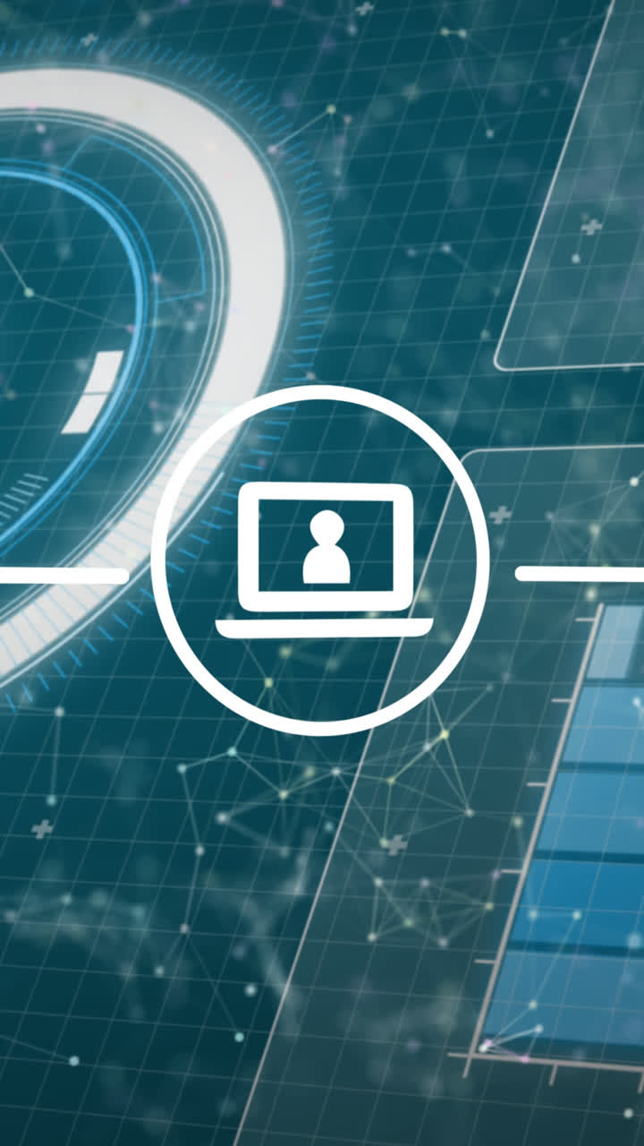 animación de iconos con red de conexiones y pantallas de procesamiento de datos