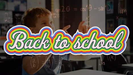 animation of back to school text and mathematical formulae over caucasian schoolboy