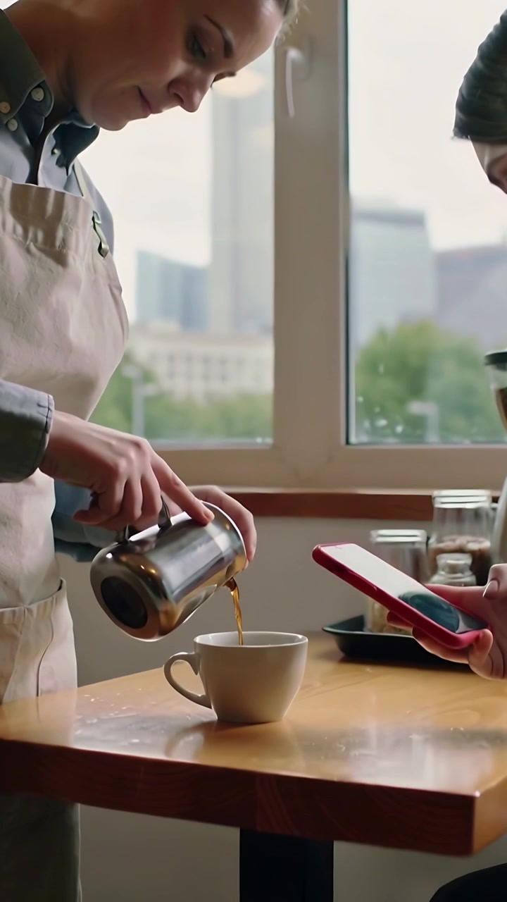 Video vertical: Barista con delantal sirviendo después de un pedido, guiando la jarra hacia la taza en el mostrador de la cafetería.