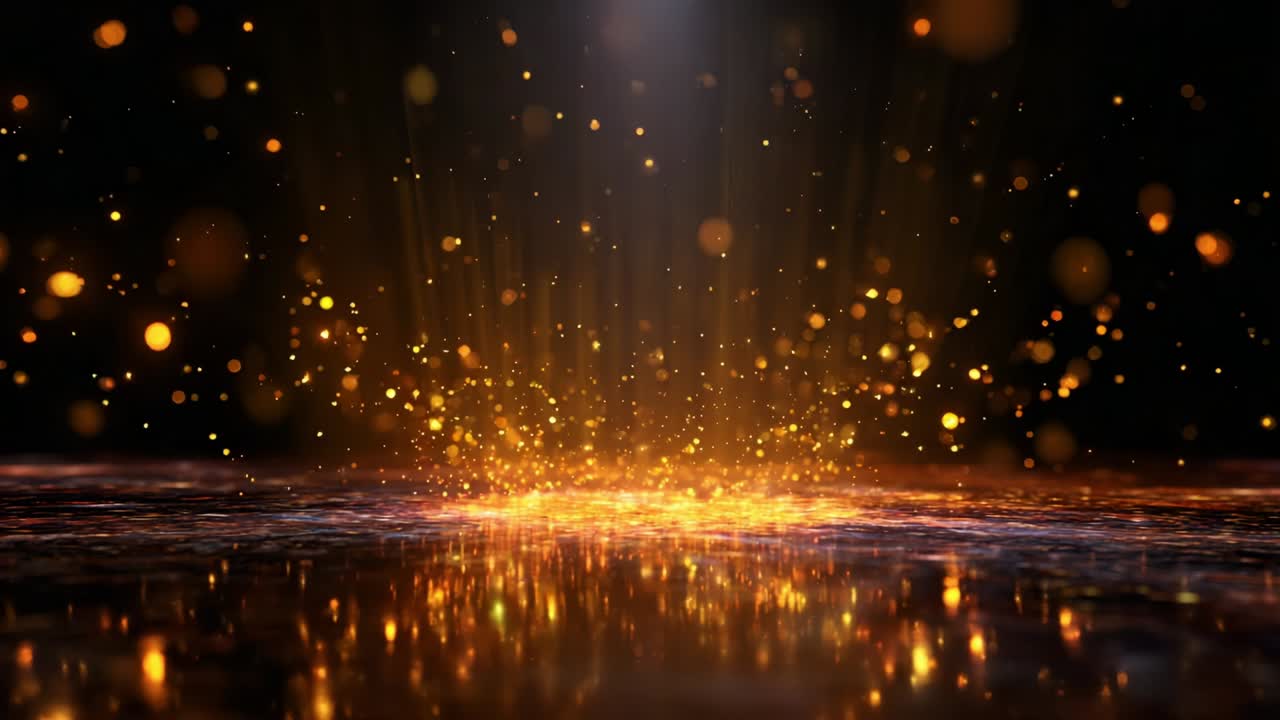 Una rappresentazione affascinante di raggi di luce radiosi e particelle scintillanti che illuminano una superficie riflettente, creando un'atmosfera incantevole e vivace, piena di calore ed energia, ideale per effetti visivi dinamici.